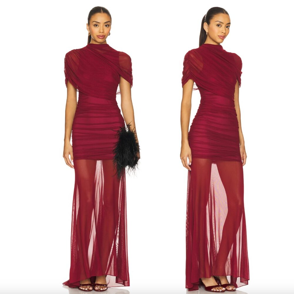 NEW Amanda Uprichard REVOLVE Evianna Mesh Gown Burgundy Red Formal Maxi Dress XS